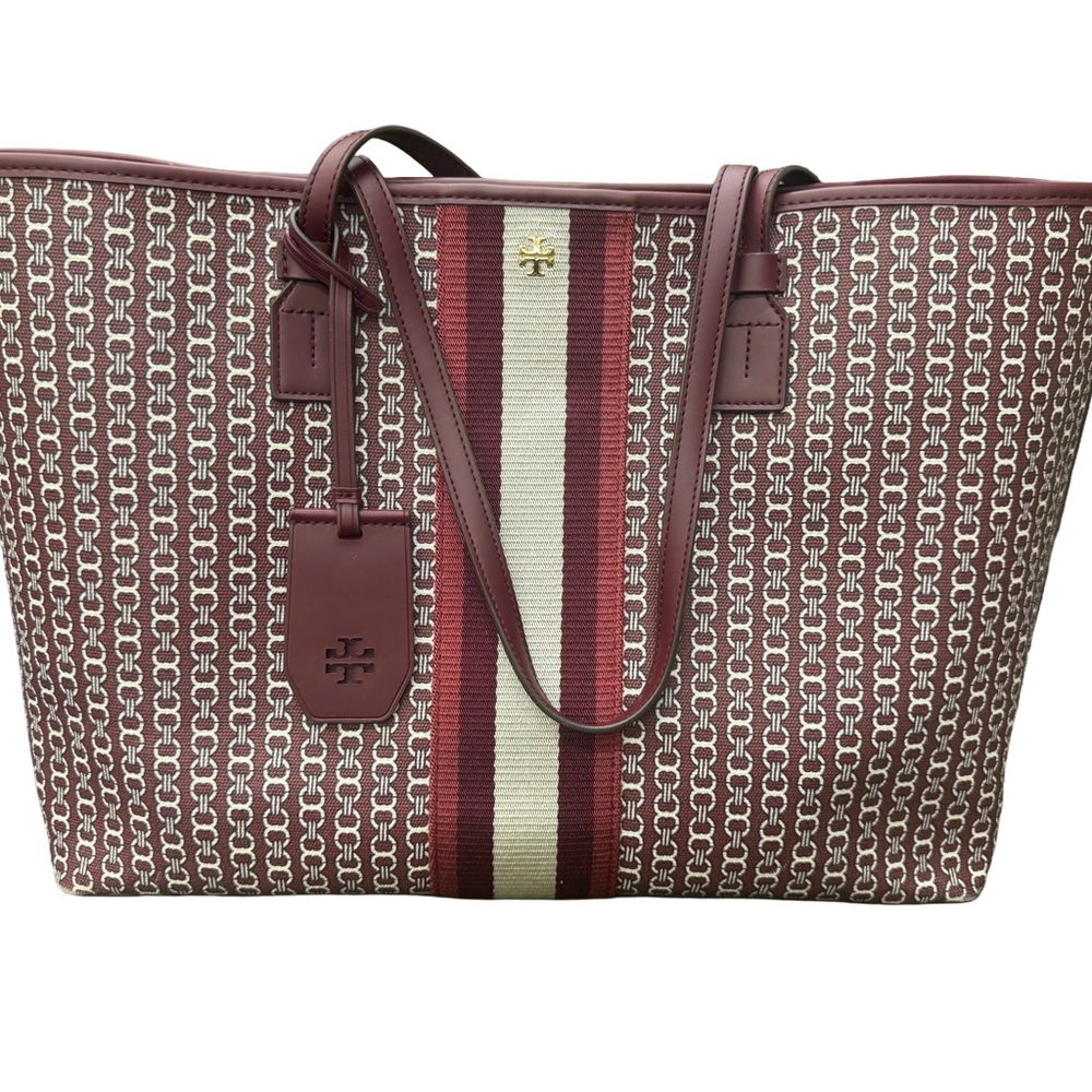 Tory Burch Maroon and Ivory Patterned Tote